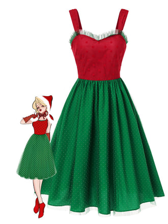 Robe à pois rouge et verte de Noël des années 1950
