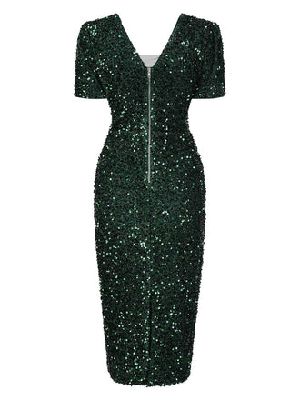 Robe crayon verte à paillettes et col en V des années 1960