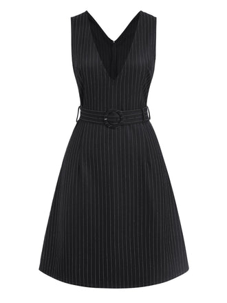 Robe noire à rayures fines col en V avec ceinture des années 1960