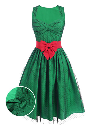 Robe patchwork en maille à pois verte des années 1950