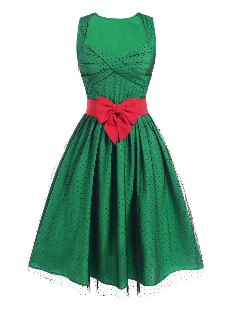 Robe patchwork en maille à pois verte des années 1950