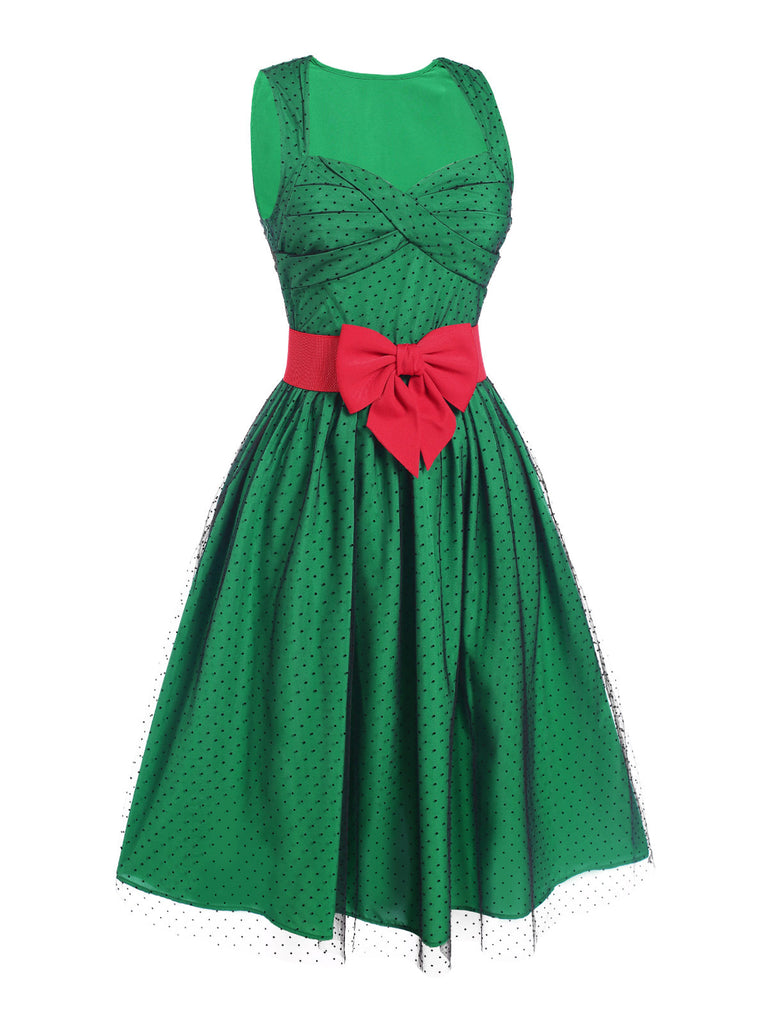 Robe patchwork en maille à pois verte des années 1950