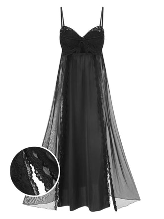 Chemise de nuit noire en maille et dentelle à bretelles des années 1950