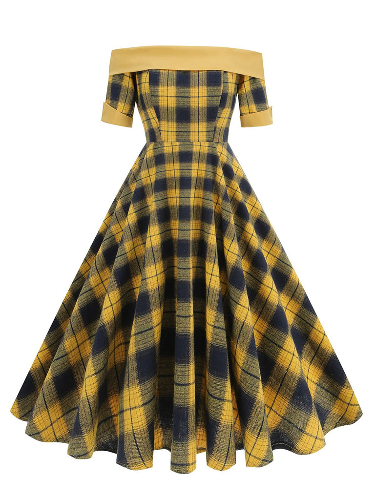 Robe à carreaux patchwork vintage à épaules dénudées des années 1950