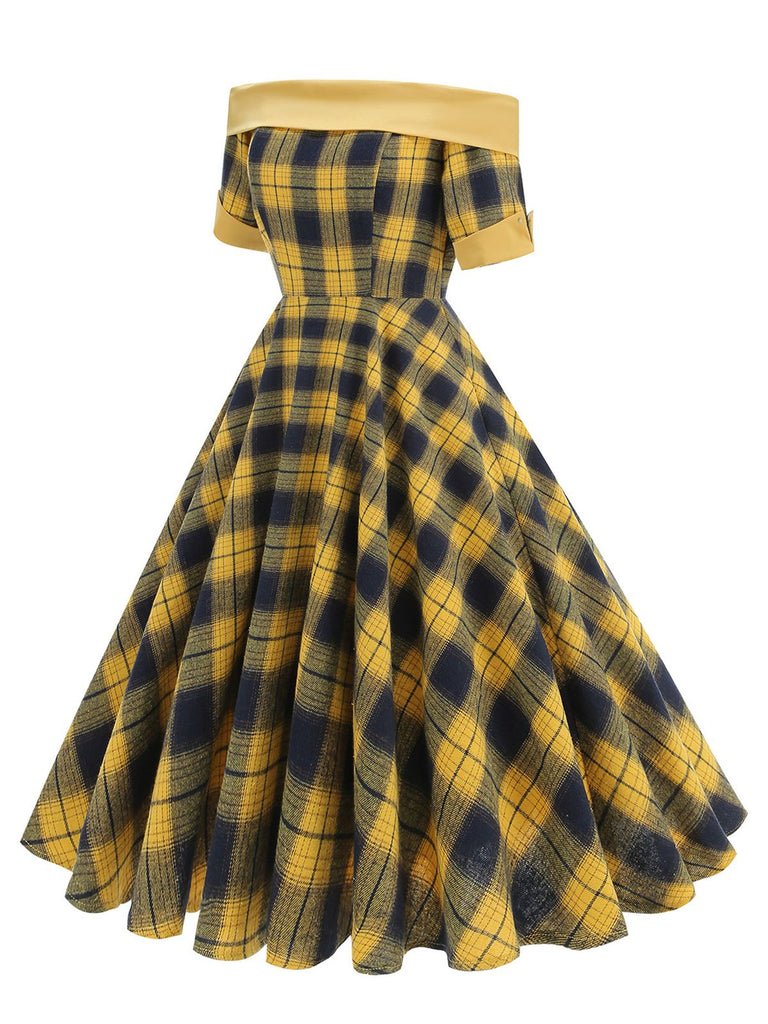 Robe à carreaux patchwork vintage à épaules dénudées des années 1950