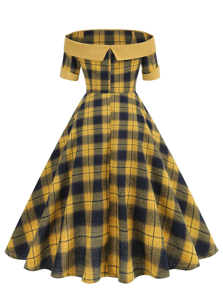 Robe à carreaux patchwork vintage à épaules dénudées des années 1950
