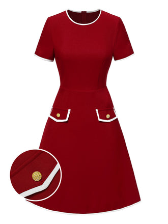 Robe rouge à poches et bordures unies des années 1960