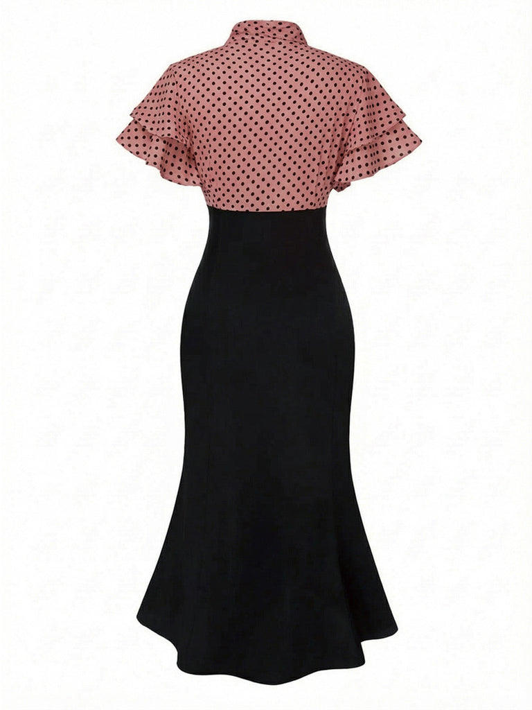 Robe sirène noire à pois et col noué des années 1930