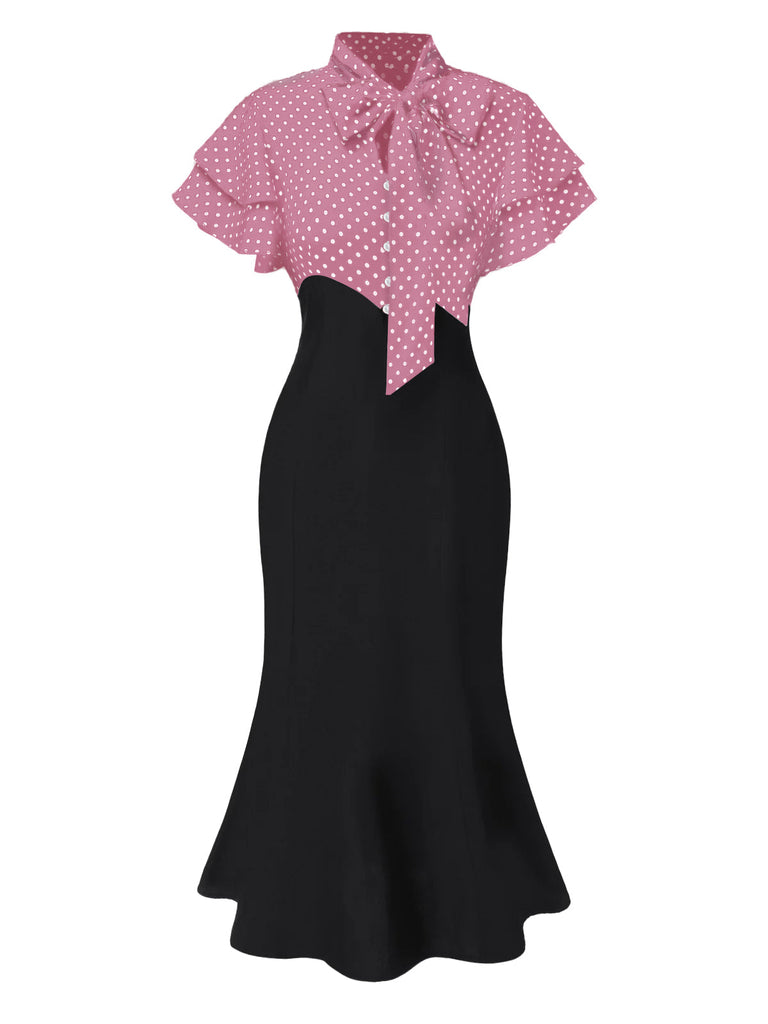 Robe sirène noire à pois et col noué des années 1930