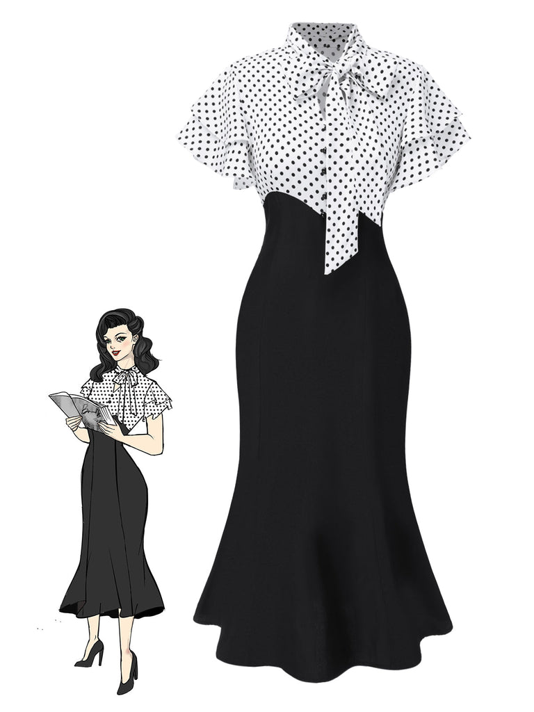 [Prévente] Robe sirène rose et noire à pois et col noué des années 1930