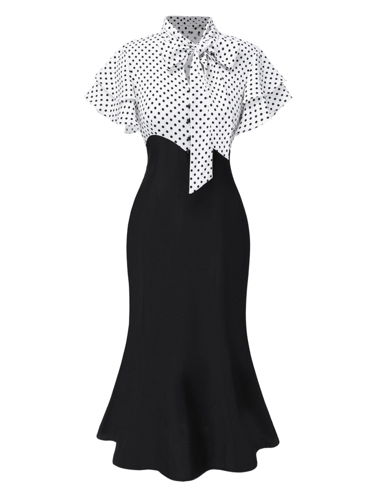 [Prévente] Robe sirène rose et noire à pois et col noué des années 1930