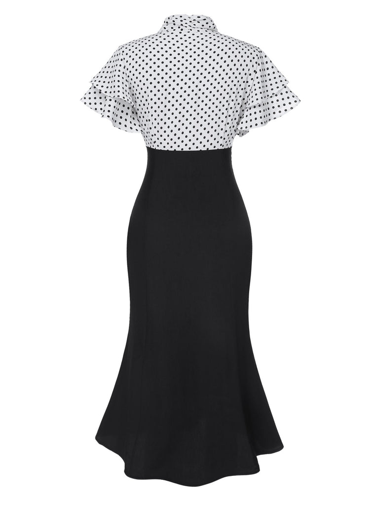 [Prévente] Robe sirène rose et noire à pois et col noué des années 1930