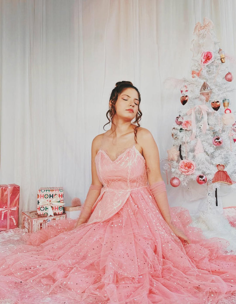 Robe trapèze en maille pailletée rose WICKED des années 1950