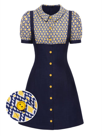 [Pré-vente] Robe bleue carreaux argyle col claudine des années 1960