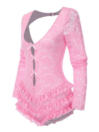 Costumes de ballet de ballet en dentelle ajourée rose des années 1950