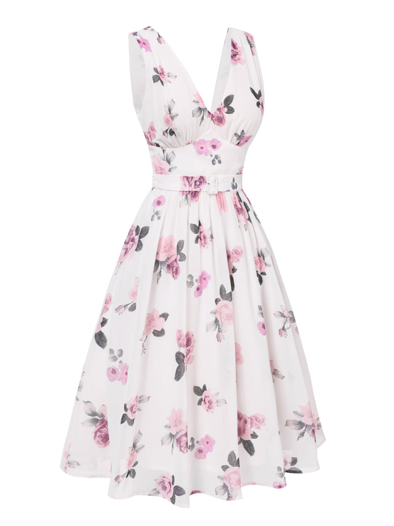 [Prévente] Robe rose en mousseline de soie col V profond années 1940
