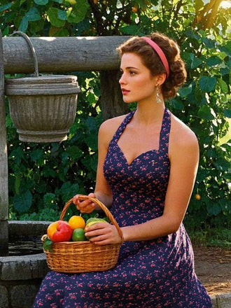 Robe licou en coton fleurs bleu foncé avec dentelle des années 1950