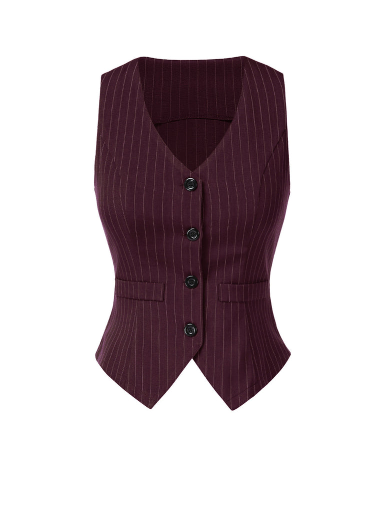 2PCS Gilet à rayures fines vin rouge et jupe plissée des années 60