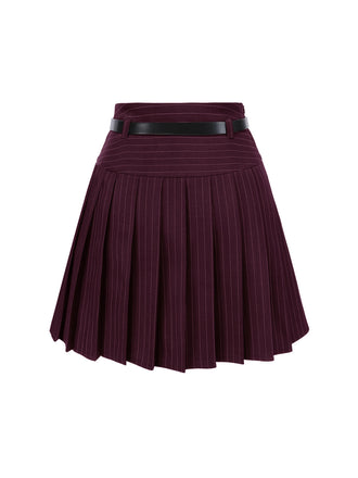 Jupe plissée ceinturée à fines rayures vin rouge des années 1960
