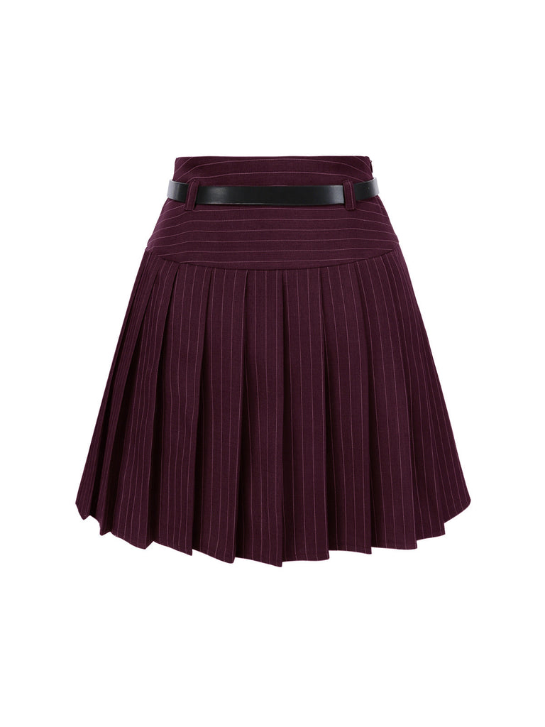 2PCS Gilet à rayures fines vin rouge et jupe plissée des années 60