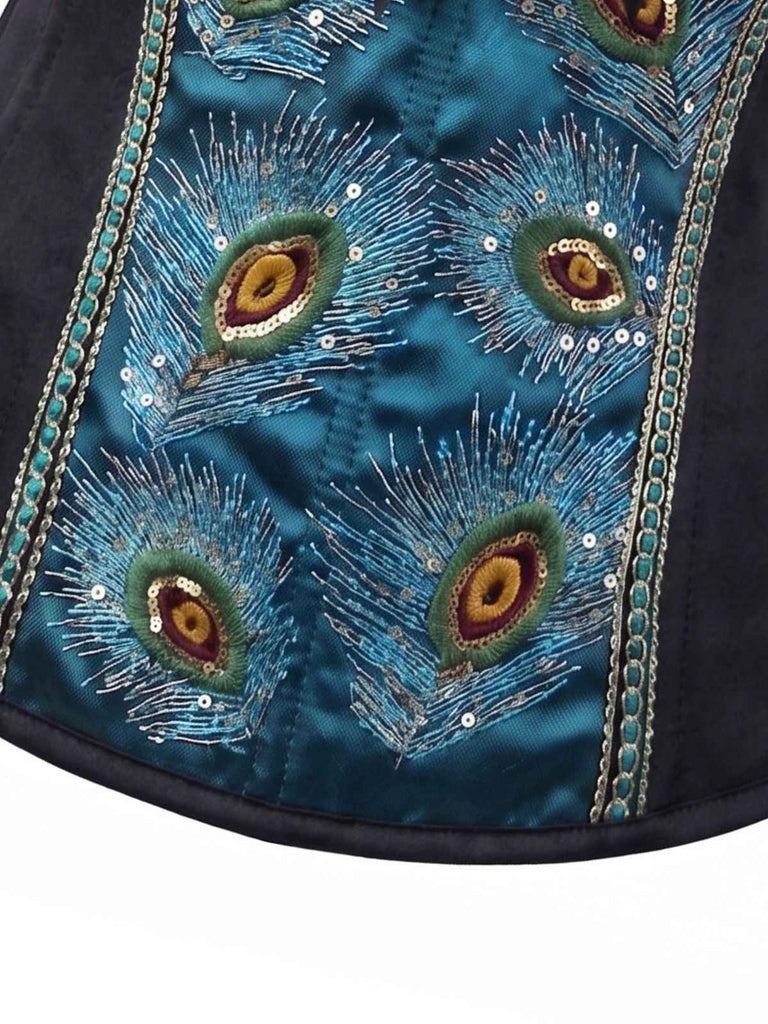 Corset noir brodé de motifs de plumes de paon années 1930