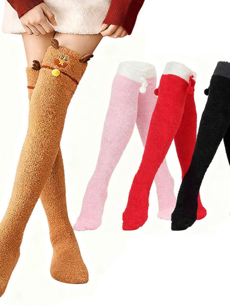 Chaussettes de Noël duveteuses au-dessus du genou à motif renne - 1