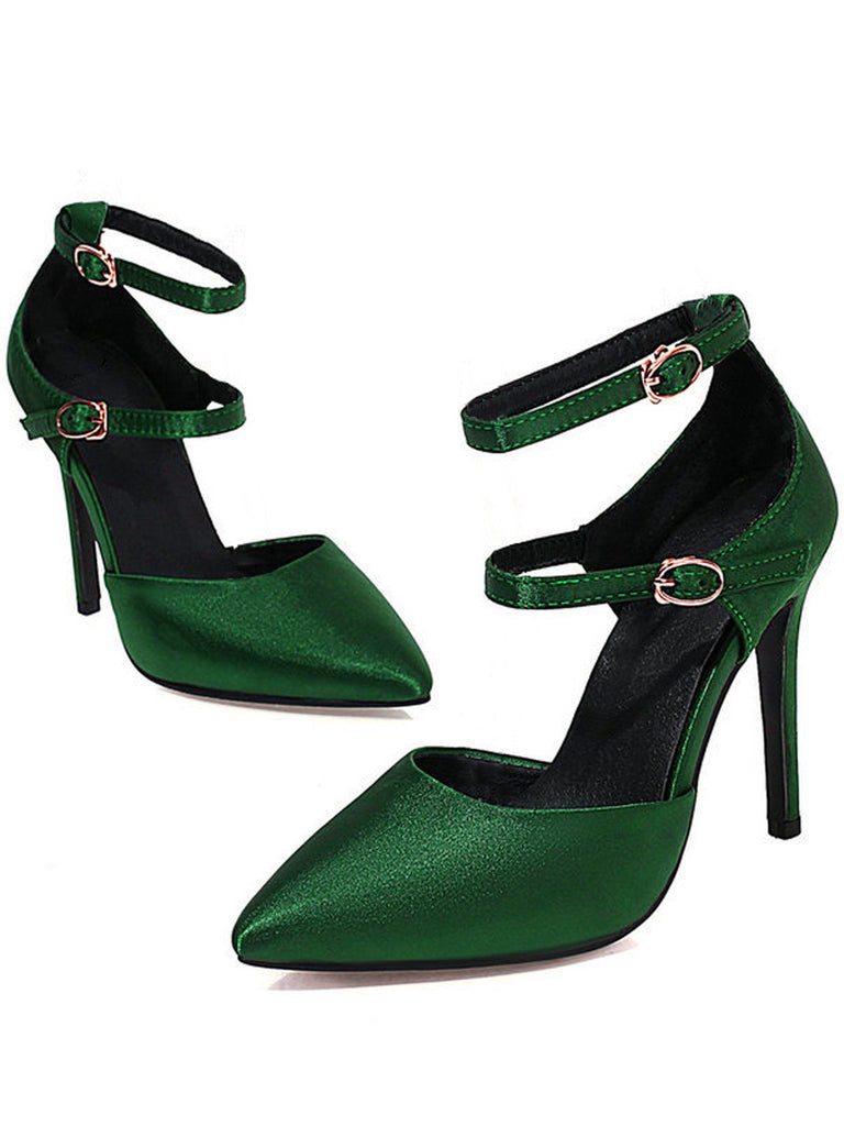 Chaussures à Talons Hauts Pointues en Satin Vert Foncé