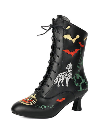 Bottes mi-mollet à lacets motif chauve-souris et citrouille d'Halloween