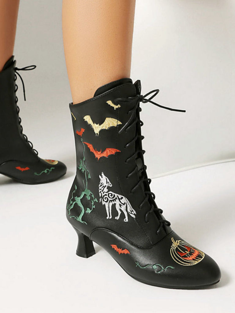 Bottes mi-mollet à lacets motif chauve-souris et citrouille d'Halloween