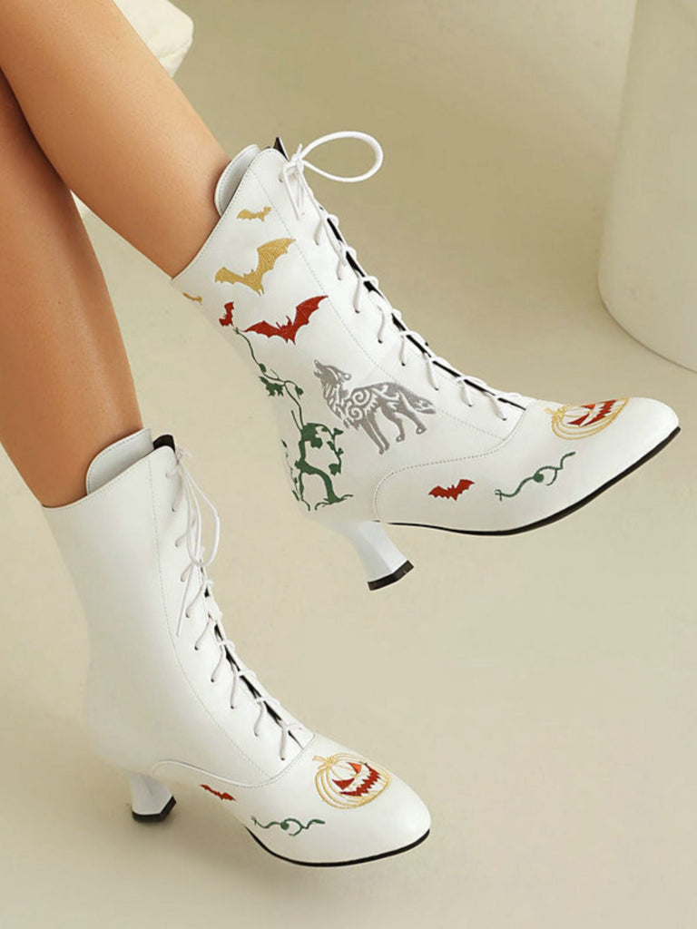 Bottes mi-mollet à lacets motif chauve-souris et citrouille d'Halloween