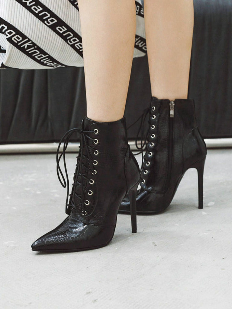 Bottes mi-mollet à lacets en similicuir de crocodile