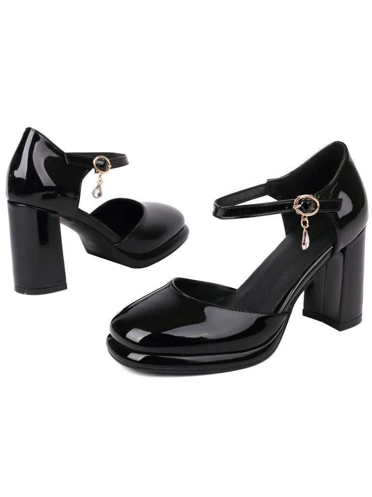Escarpins cuir verni bride cheville talon bloc