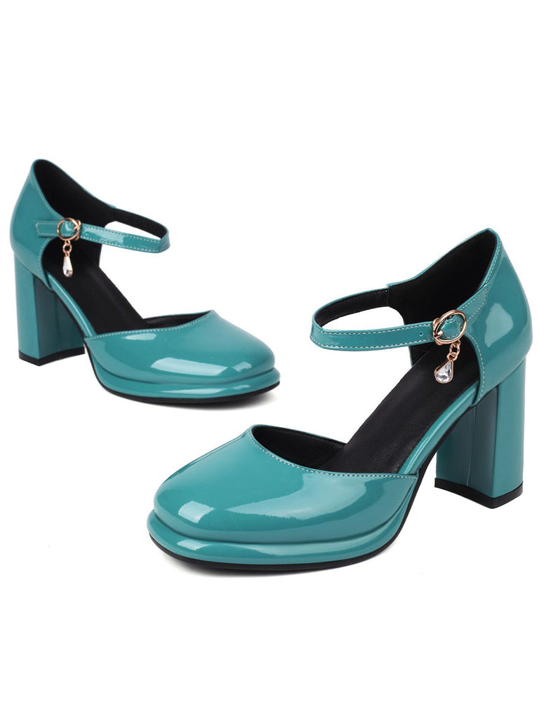 Escarpins cuir verni bride cheville talon bloc