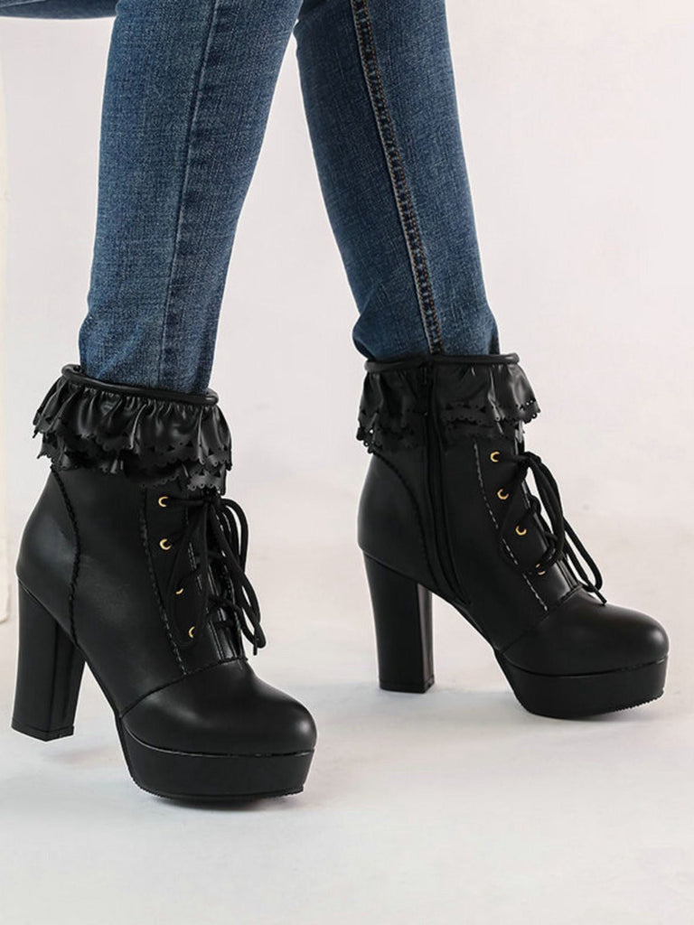 Bottes à talons hauts épais à lacets et volants vintage