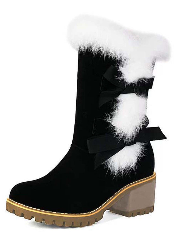 Bottes à talons épais et nœud papillon vintage avec bordure en peluche