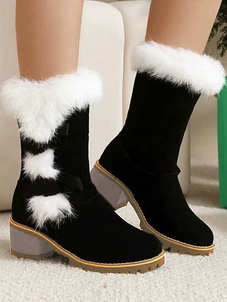 Bottes à talons épais et nœud papillon vintage avec bordure en peluche