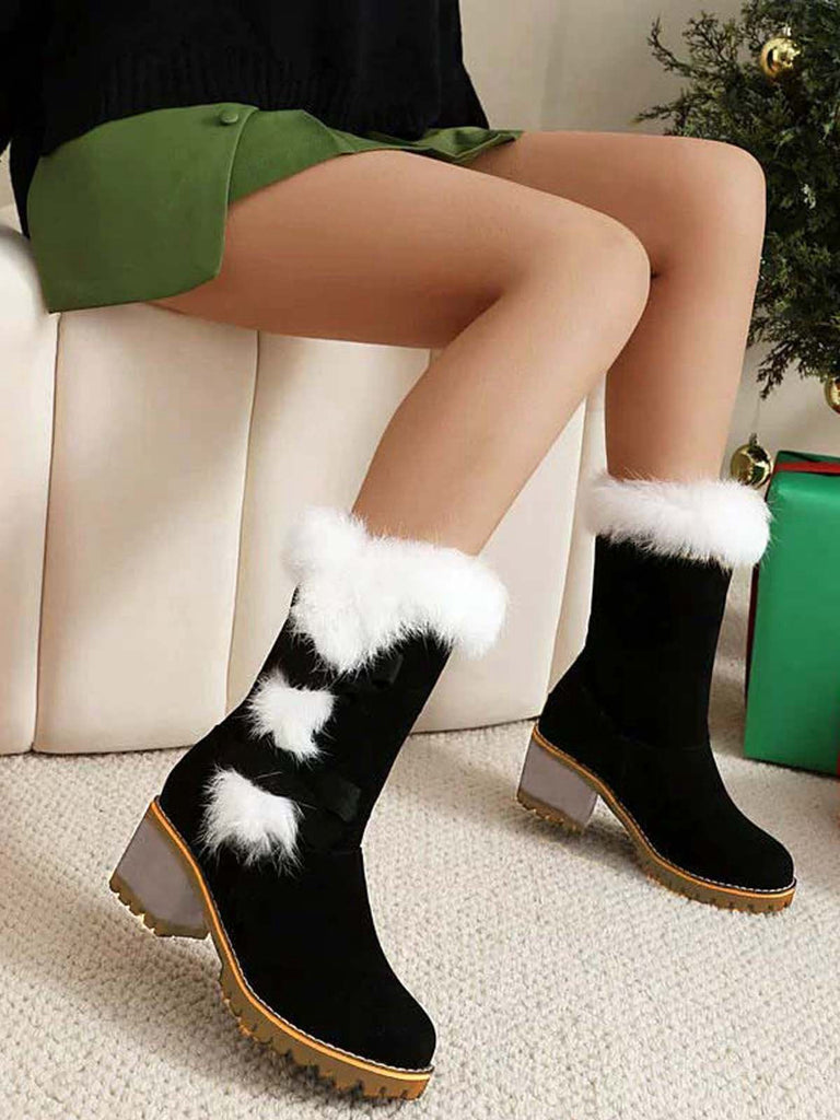 Bottes à talons épais et nœud papillon vintage avec bordure en peluche