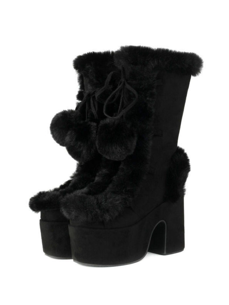 Bottes à talons hauts et bout rond en fausse fourrure vintage