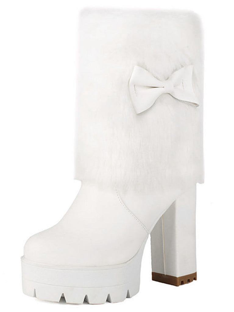 Bottes à talons épais en peluche avec nœud papillon vintage