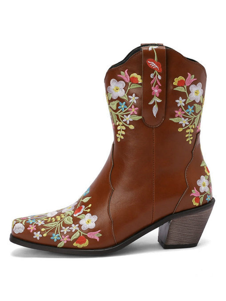 Bottes vintage pointues à talons compensés brodées de fleurs