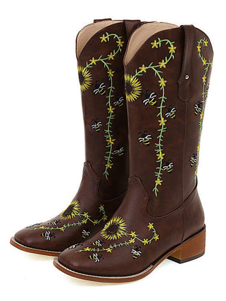 Bottes mi-mollet de style western à motif tournesol marron brodé
