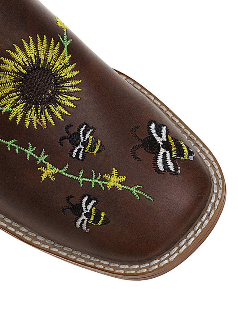 Bottes mi-mollet de style western à motif tournesol marron brodé
