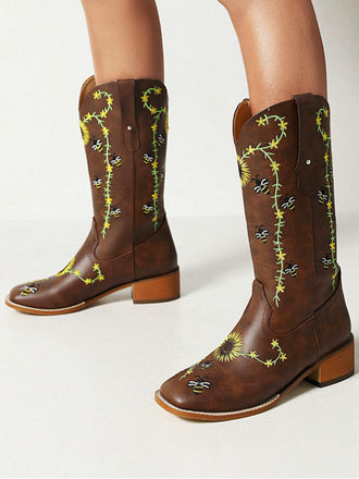 Bottes mi-mollet de style western à motif tournesol marron brodé