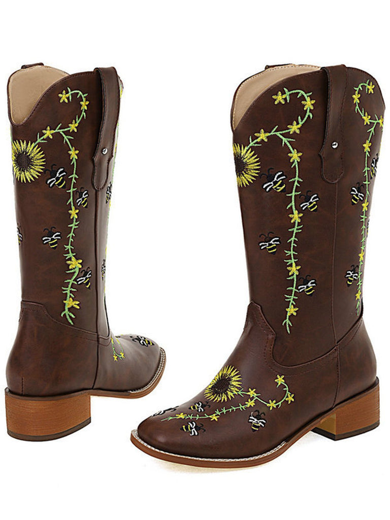 Bottes mi-mollet de style western à motif tournesol marron brodé