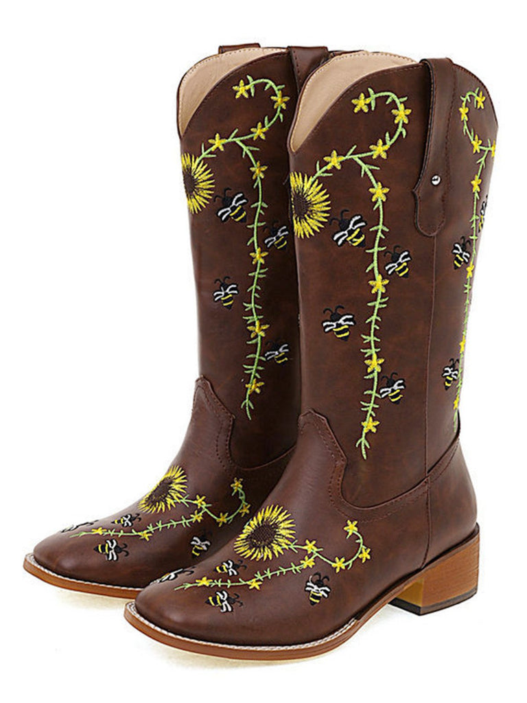 Bottes mi-mollet de style western à motif tournesol marron brodé