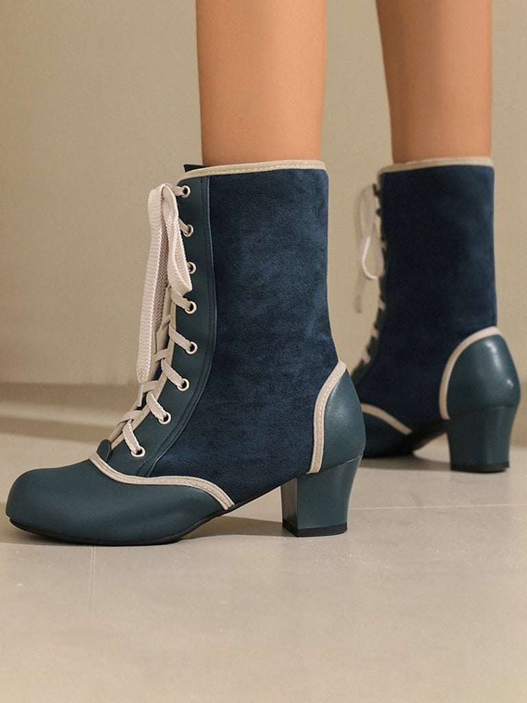 Bottes mi-mollet vintage à lacets en faux daim et cuir