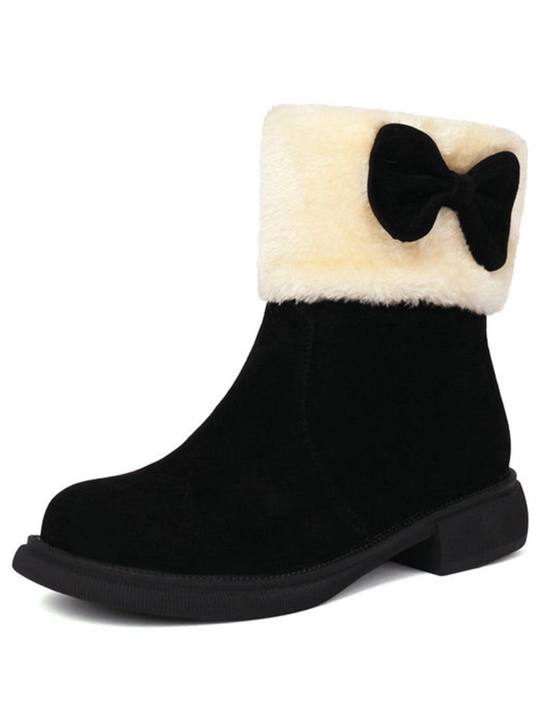 Bottines d'hiver à bout rond et nœud orné de peluche
