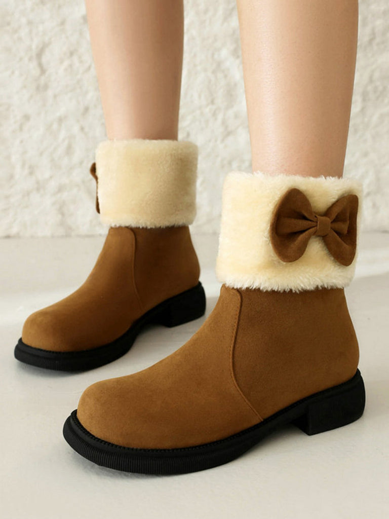 Bottines d'hiver à bout rond et nœud orné de peluche