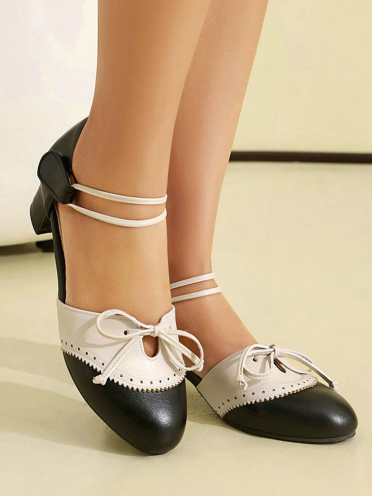 Chaussures Mary Jane Bicolores à Nœud et Talon Bloc 8