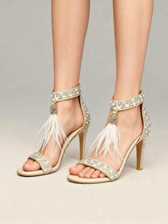 Shoes Strass Feather High Heel Wedding Shoes Beige 2